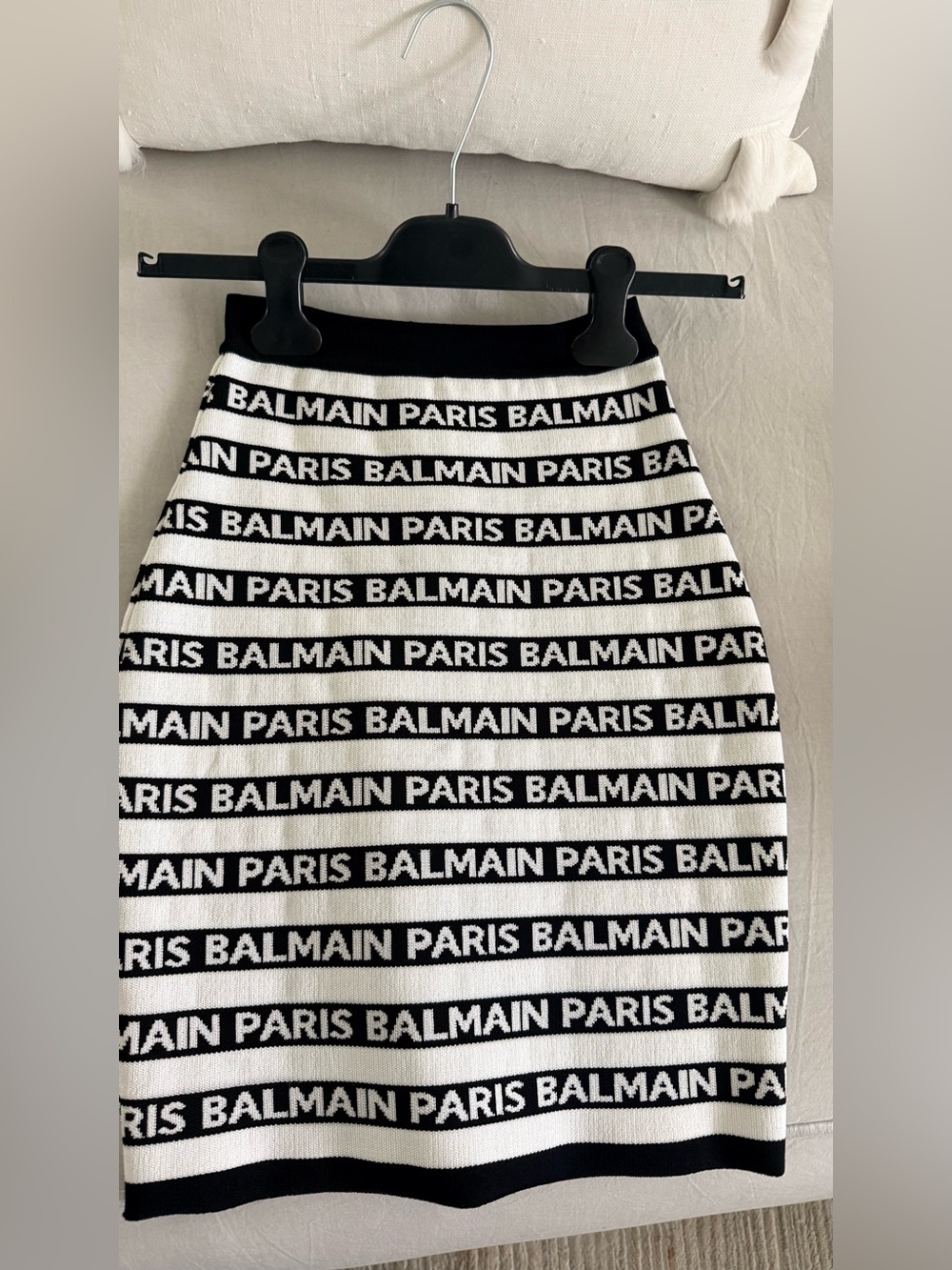 Balmain Black & White Logo Stripe Knit Pencil Skirt